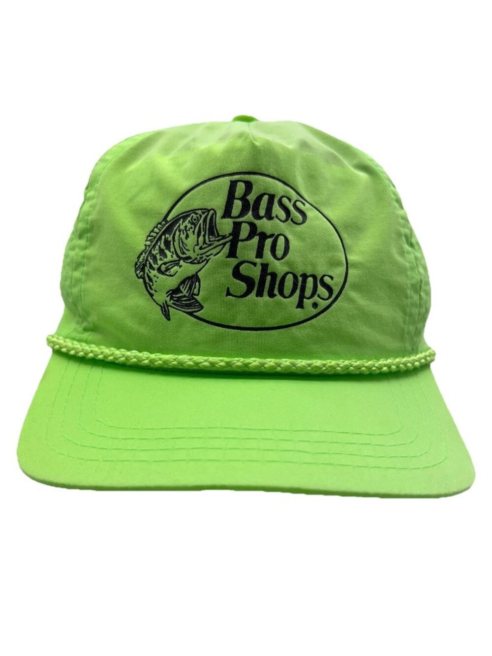 Bass Pro Shops Vintage 80's Trucker Rope Strapback Hat Cap Dad Neon Green Retro